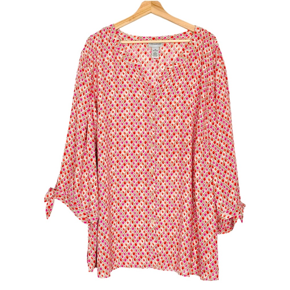Catherines Red and Pink Diamond Print Button-Down Top Blouse Tie-Sleeves Size 4X